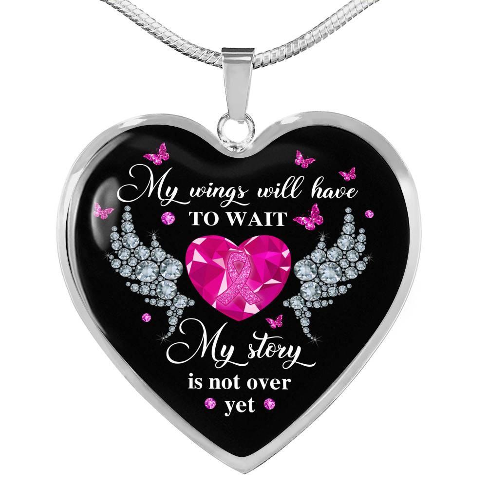 My Story Is Not Over Yet Breast Cancer Awareness Pink Ribbon Heart Pendant Necklace - Heart Luxury Necklace (Silver)
