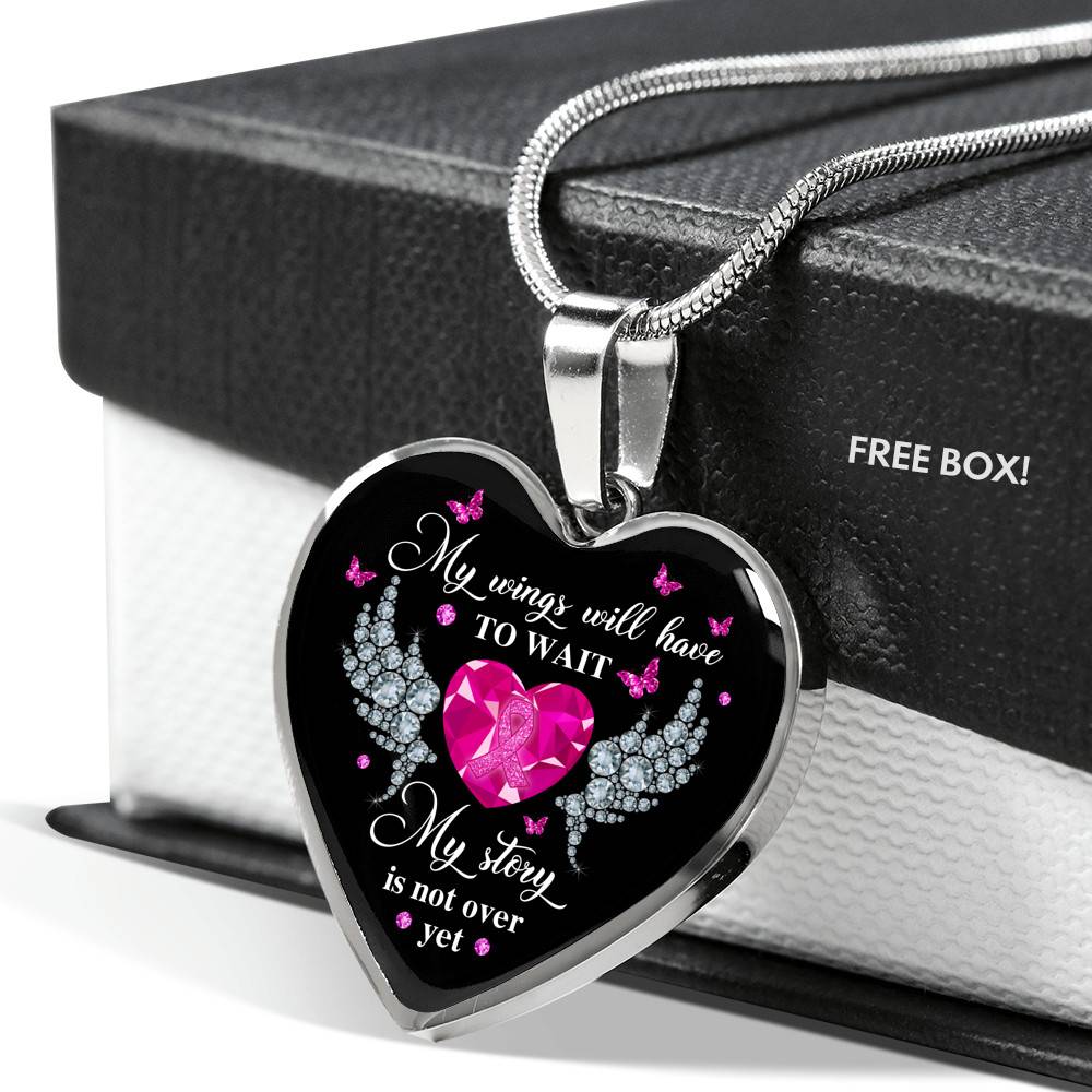 My Story Is Not Over Yet Breast Cancer Awareness Pink Ribbon Heart Pendant Necklace - Heart Luxury Necklace (Silver)