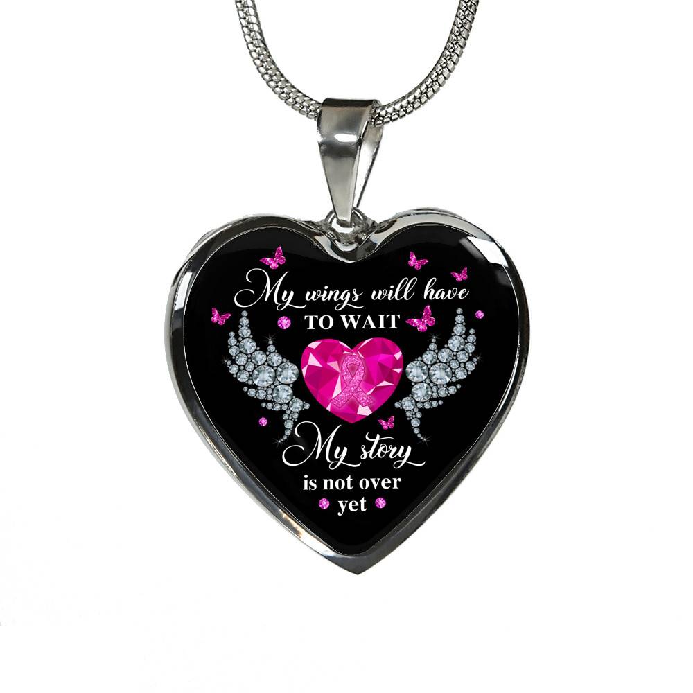 My Story Is Not Over Yet Breast Cancer Awareness Pink Ribbon Heart Pendant Necklace - Heart Luxury Necklace (Silver)