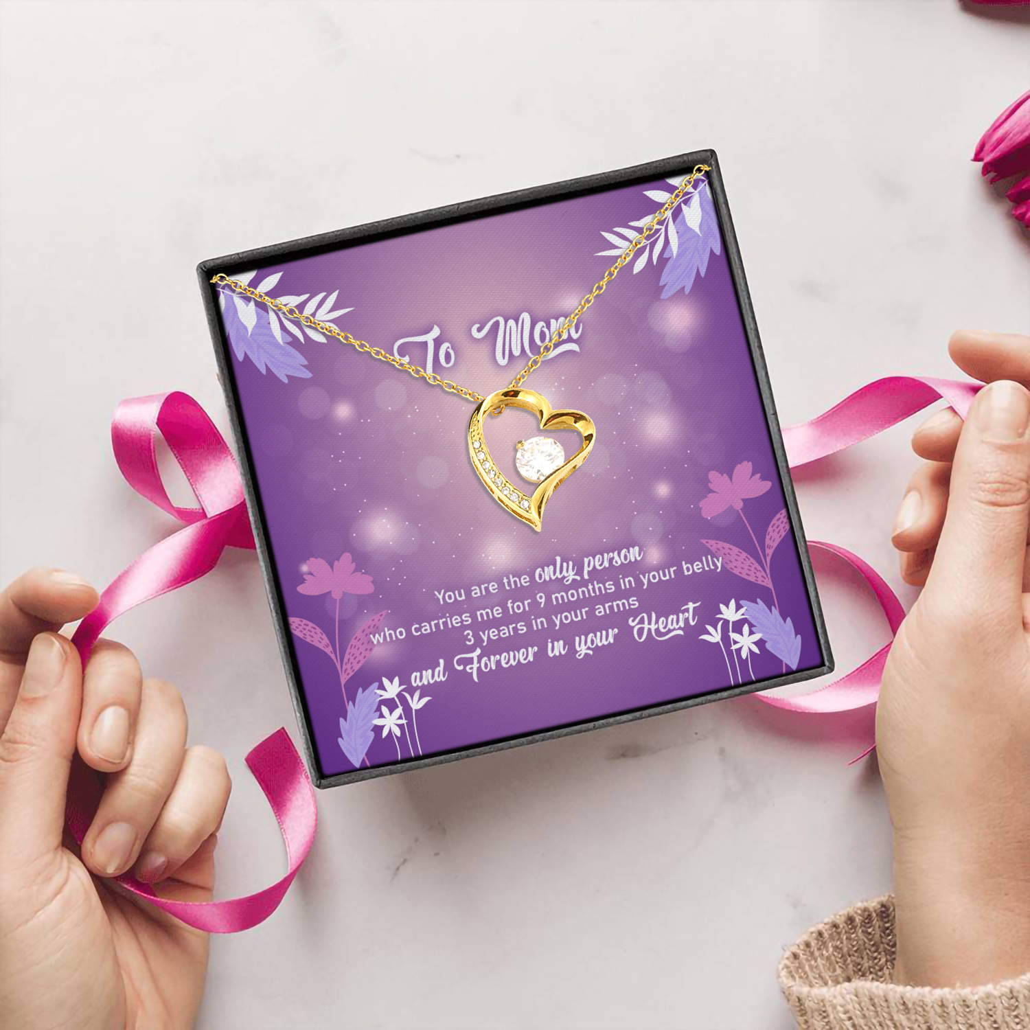 17 HG. To Mom 9 Months Message Card (4) Forever Love Necklace (Gold) 5
