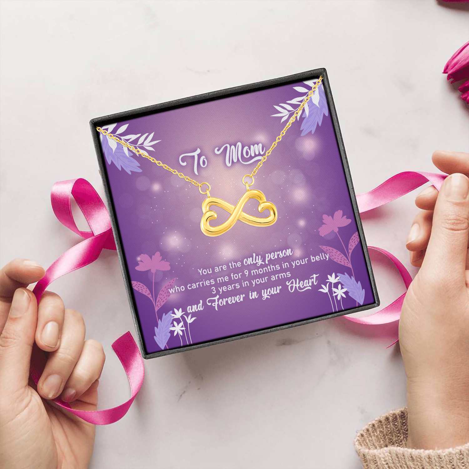 17 HG. To Mom 9 Months Message Card (4) Infinity Heart Necklace (Gold) 5