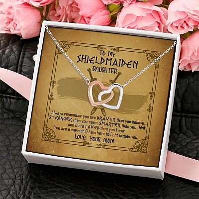 Alternative view of Mom To My Shieldmaiden Daughter Always Remember You Are Braver Than You Believe Interlocking Hearts Pendant Necklace