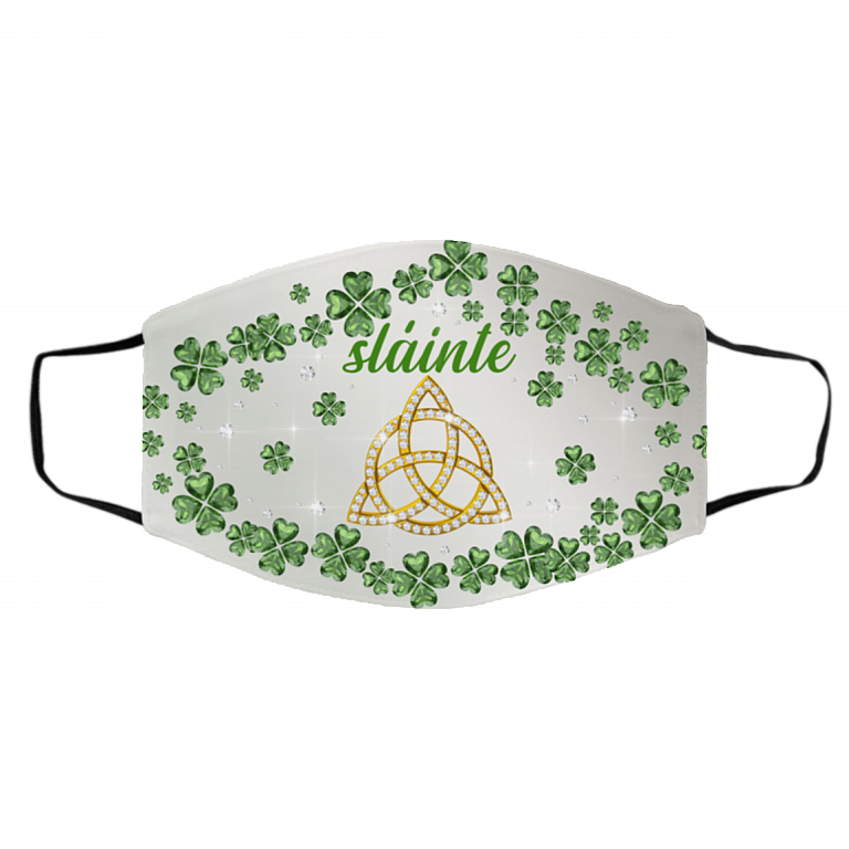 Irish Celtic Trinity Knot Slainté Shamrock St Patrick's Day Washable Reusable Printed Face Mask Cover Women, White, Cloth Face Cover – Medium/Large