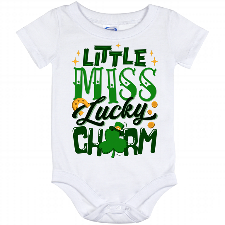 Little Miss Lucky Charm Baby Onesie - Funny St Patricks Day Gift for Kids Toddler Baby Infant Bodysuit, White, Baby Onesie - 12 Month