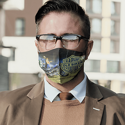 Alternative view of I'm Am Grumpy Old Biker My Lever Of Sarcasm Depends On Your Level Of Stupidity Washable Reusable Custom Printed Face Mask Cover