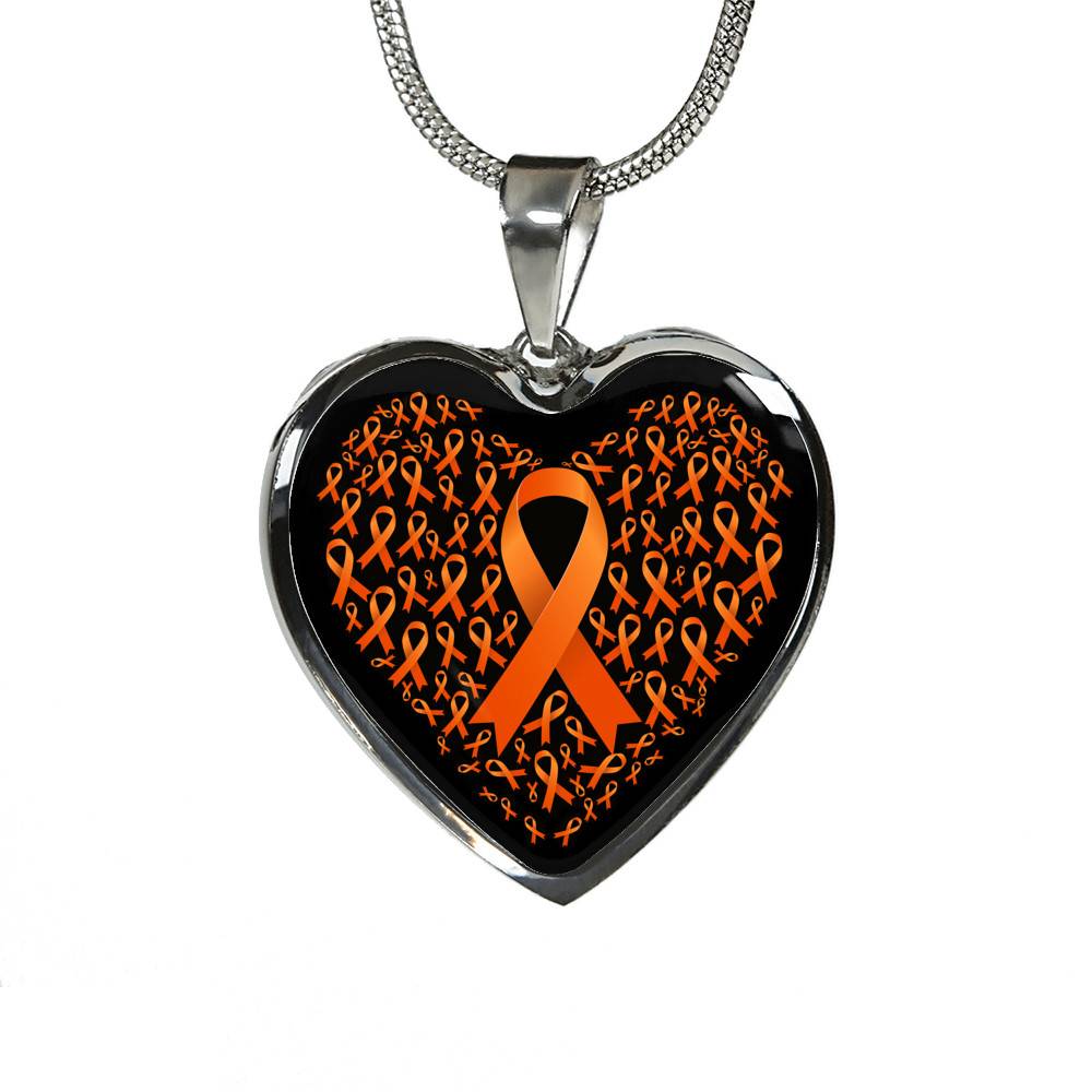 Ribbon in March We Wear Orange Multiple Sclerosis Awareness Month Heart Pendant Necklace - Heart Luxury Necklace (Silver)