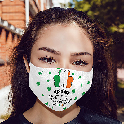 Alternative view of Funny Kiss Me I'm Vaccinated St Patrick's Day Washable Reusable Custom Printed Cloth Face Mask Cover