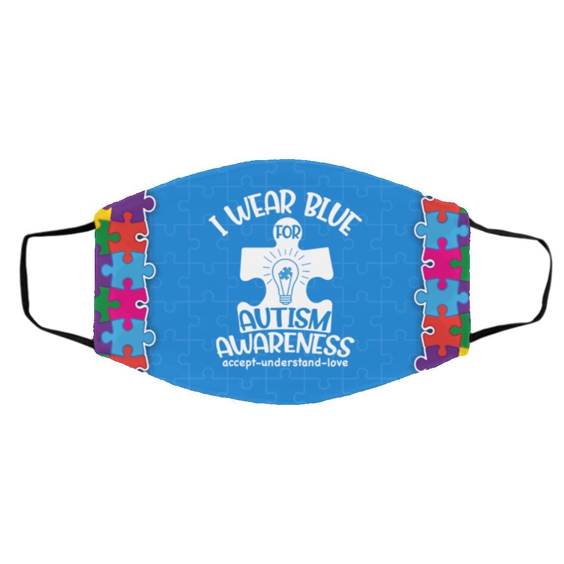I Wear Blue For Autism Awareness, White, Cloth Face Cover – Medium/Large I Wear Blue For Autism Awareness, White, Cloth Face Cover – Medium/Large