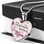 Not A Stepmom But A Bonus Mom Heart Pendant Necklace - Mother's Day Gifts For The Bonus Mom - Heart Luxury Necklace (Silver)