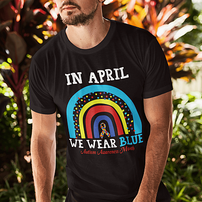 Alternative view of Rainbow In April We Wear Blue Autism Awareness Month T-shirt - V-neck - Autism Puzzle Piece Ribbon Shirt