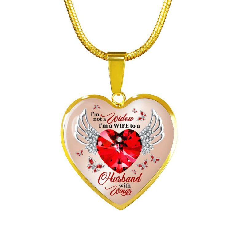I'm Not A Widow I'm A Wife To A Husband With Wings Red Butterfly Heart Necklace - Husband Memorial Necklace - Heart Luxury Necklace (Gold Plated)