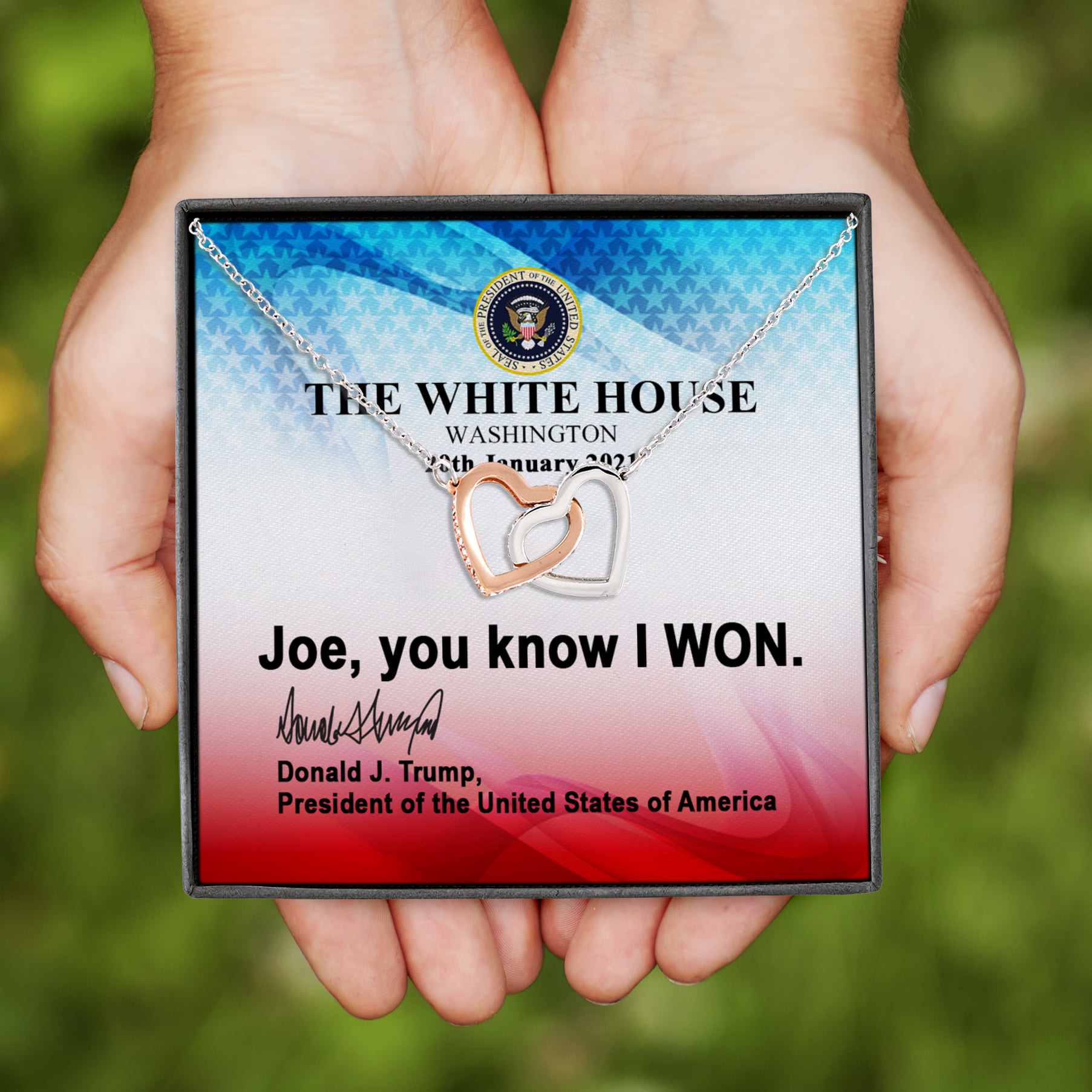11VT. Joe You Know I Won Trump Interlocking Hearts Necklace