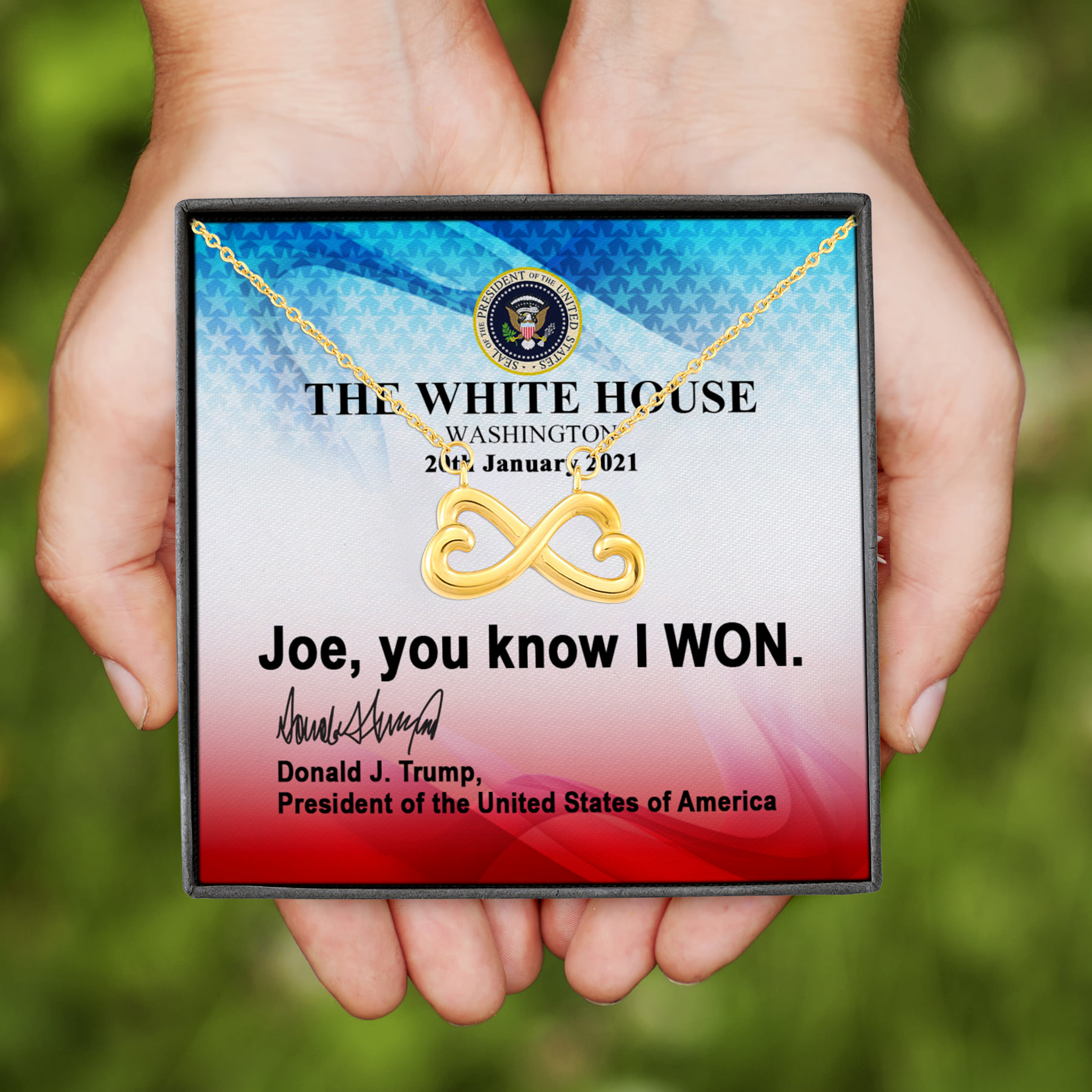 11VT. Joe You Know I Won Trump Infinity Heart Necklace (Gold)