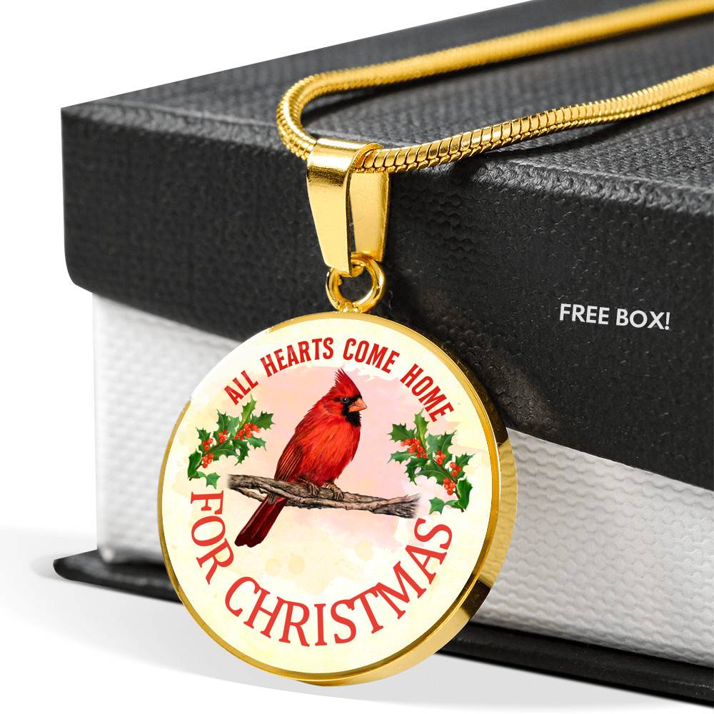Red Bird All Hearts Come Home for Christmas Circle Pendant Necklace - Circle Luxury Necklace (Gold Plated)