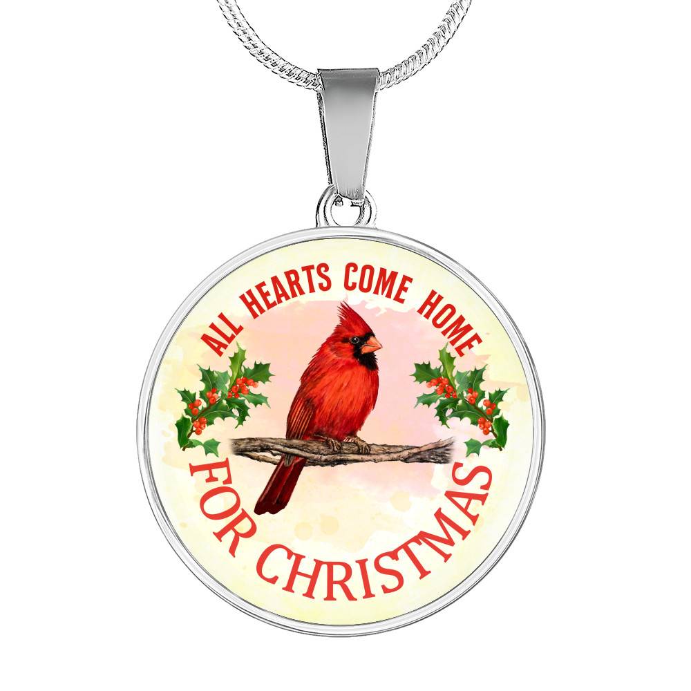Red Bird All Hearts Come Home for Christmas Circle Pendant Necklace - Circle Luxury Necklace (Silver)