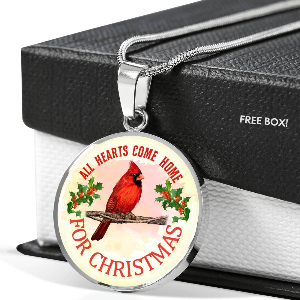 Red Bird All Hearts Come Home for Christmas Circle Pendant Necklace - Circle Luxury Necklace (Silver)
