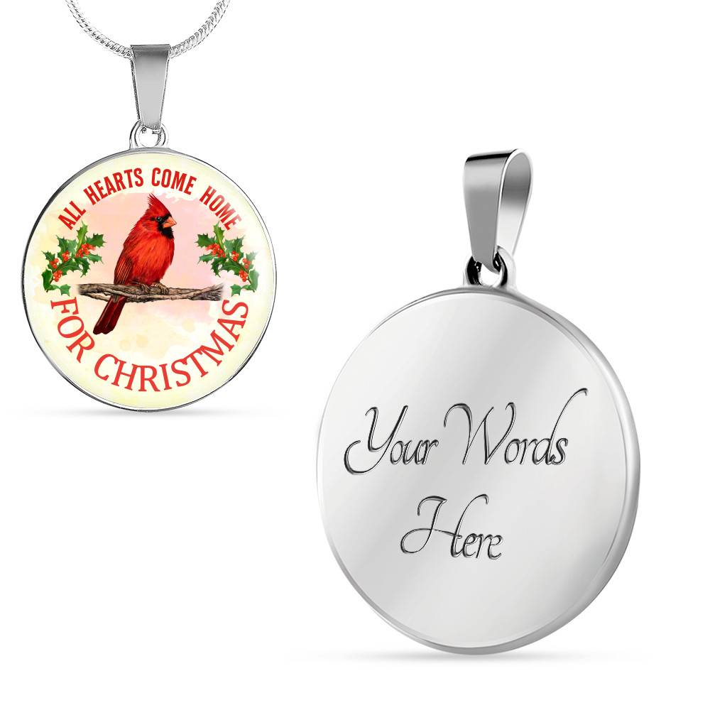 Red Bird All Hearts Come Home for Christmas Circle Pendant Necklace - Circle Luxury Necklace (Silver)