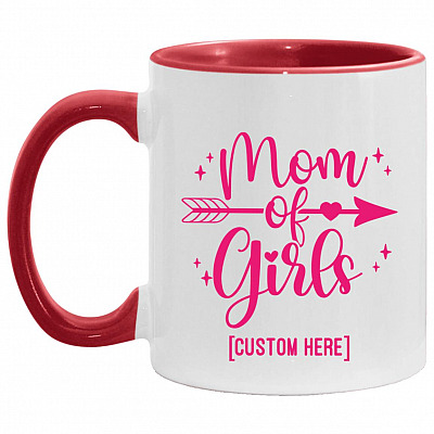 Personalized Mom Of Girls, White/Red, 11 oz. Accent Mug