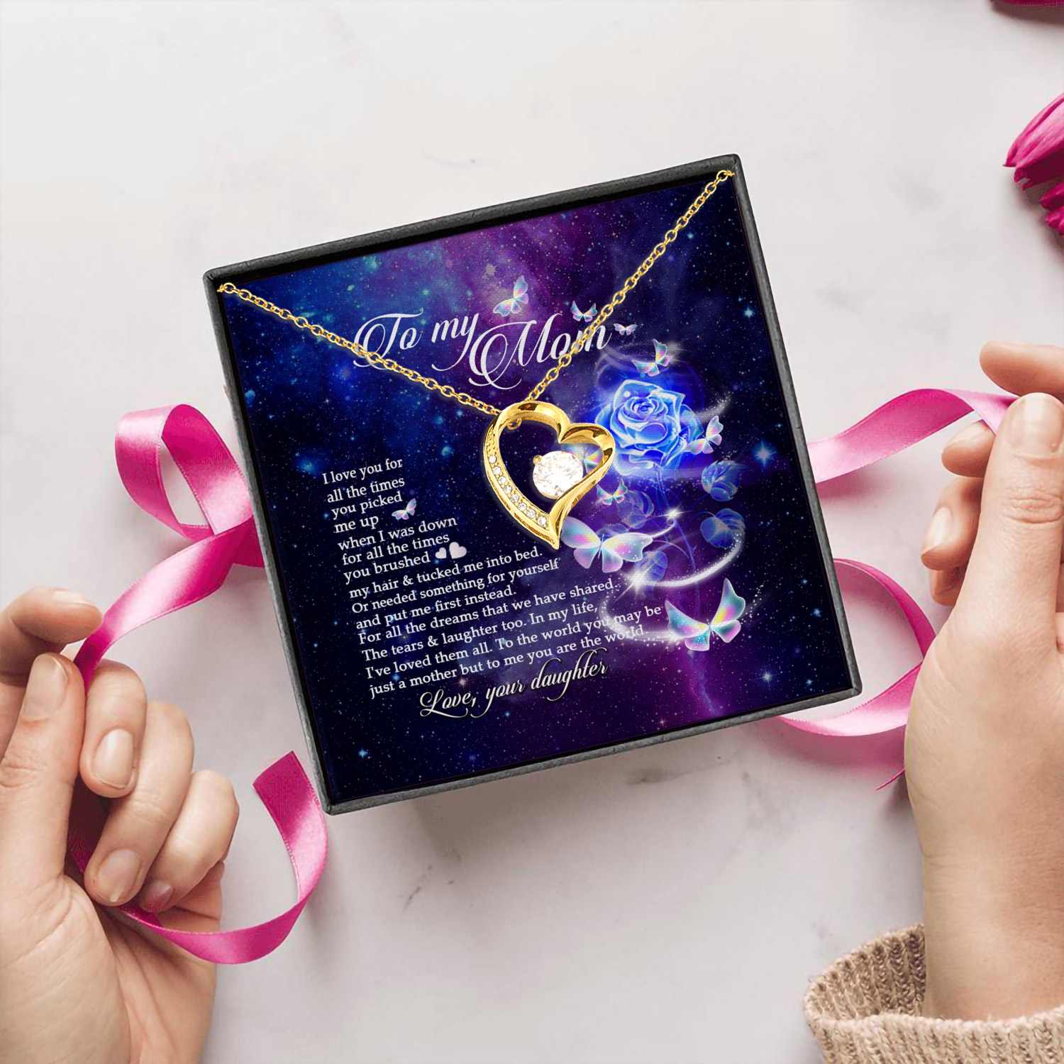 1UT. To My Mom Blue Roses Forever Love Necklace (Gold) 5
