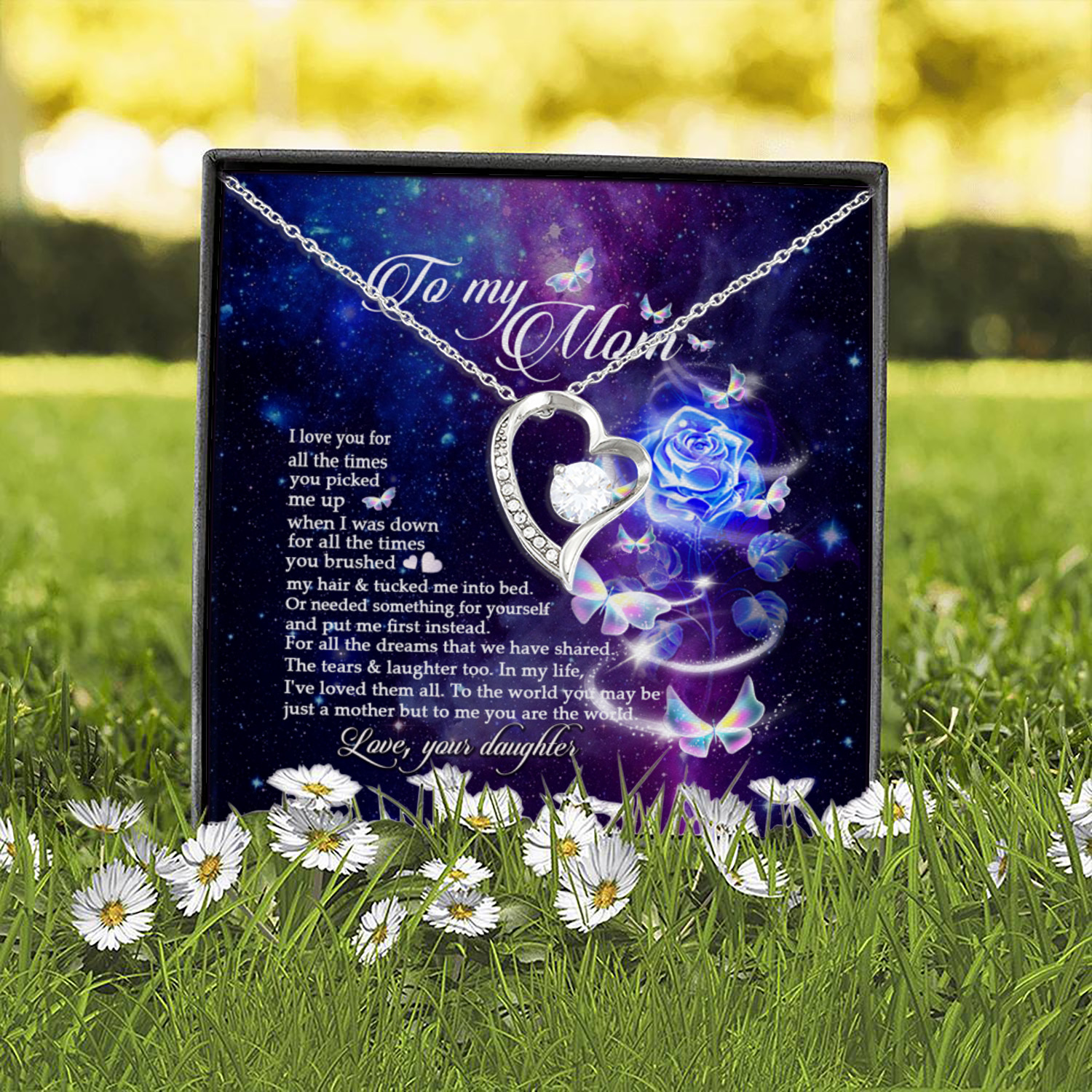 1UT. To My Mom Blue Roses Forever Love Necklace (Silver) 2