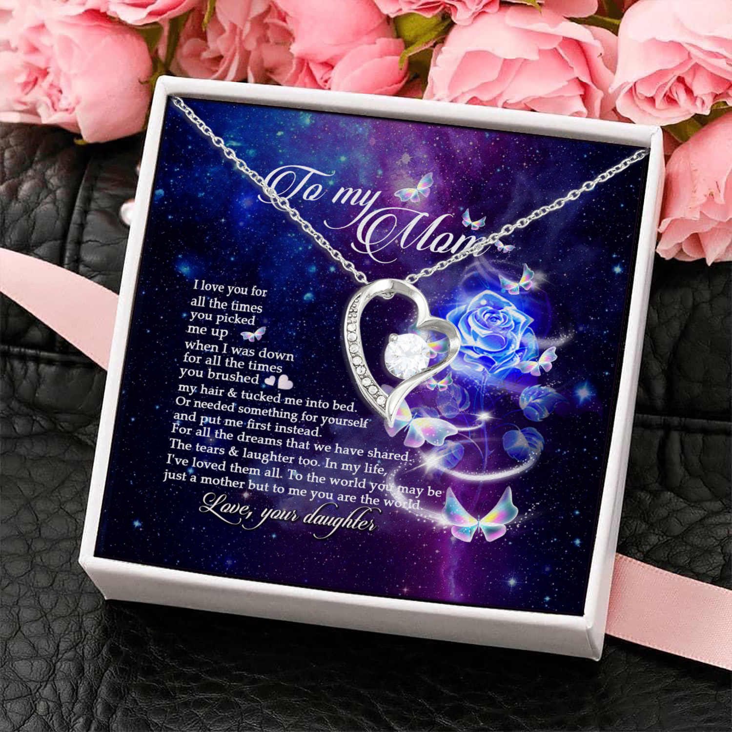 1UT. To My Mom Blue Roses Forever Love Necklace (Silver) 4