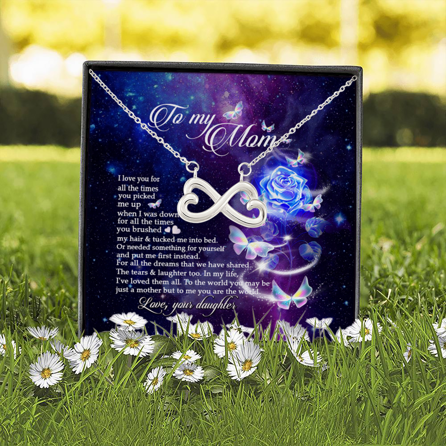 1UT. To My Mom Blue Roses Infinity Heart Necklace (Silver) 2