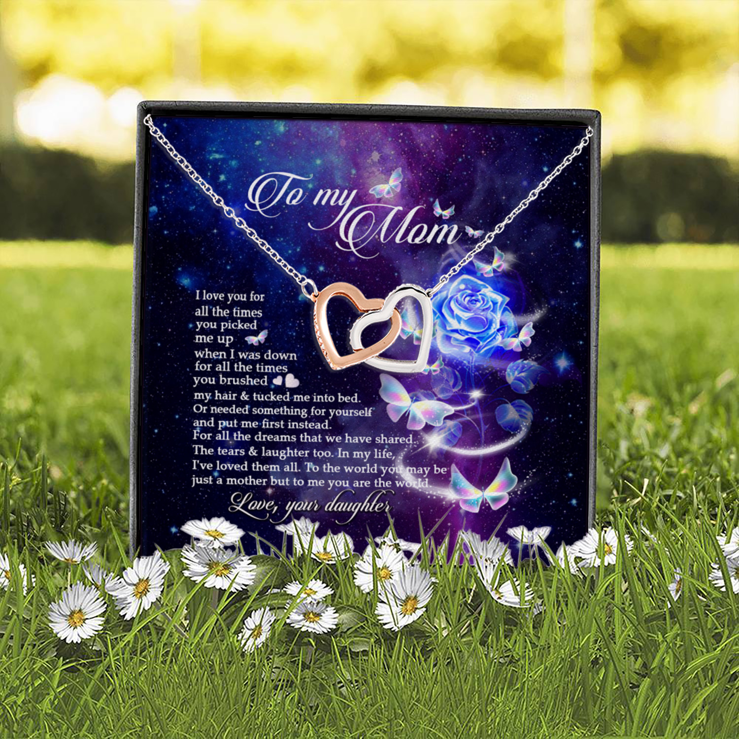 1UT. To My Mom Blue Roses Interlocking Hearts Necklace 2