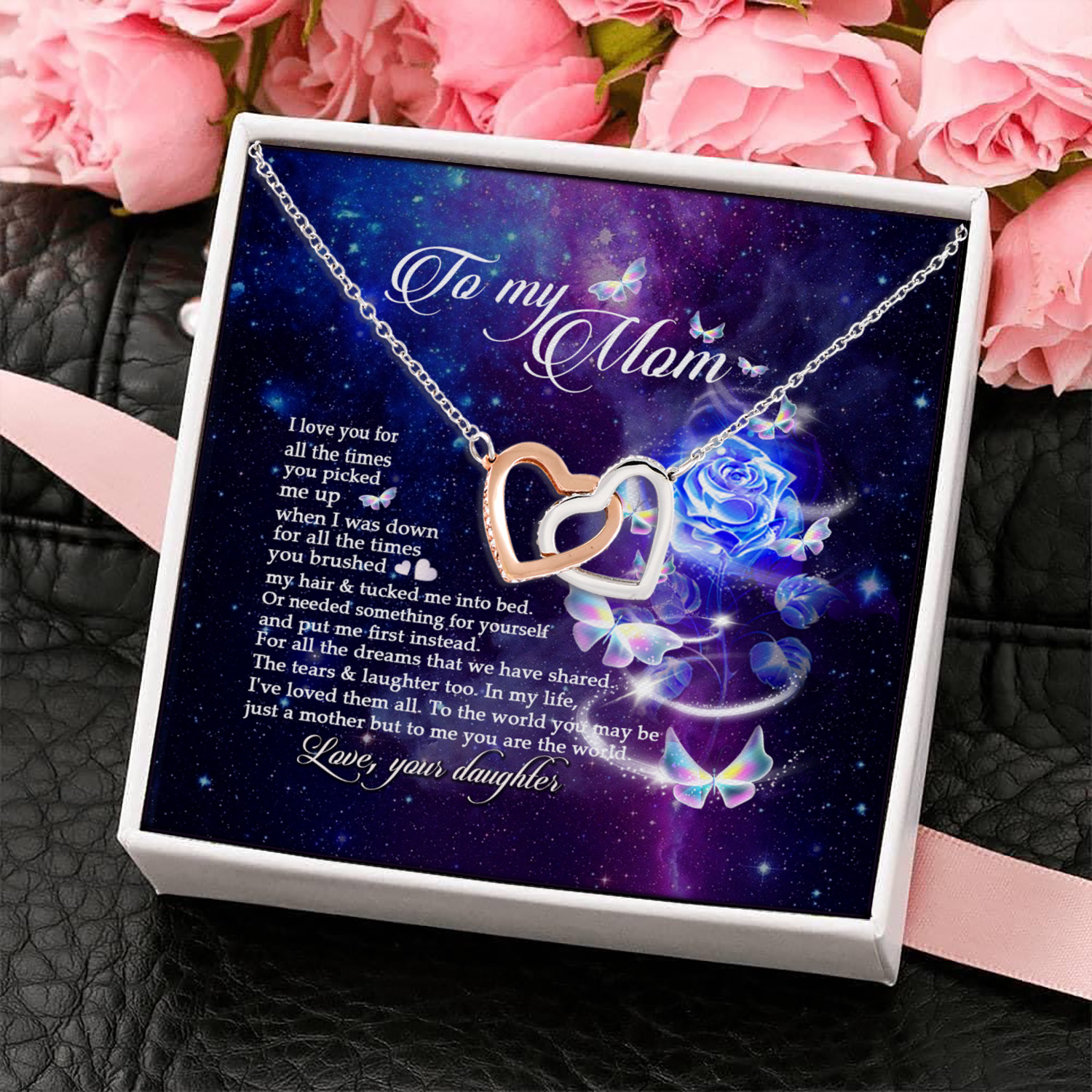 1UT. To My Mom Blue Roses Interlocking Hearts Necklace 4
