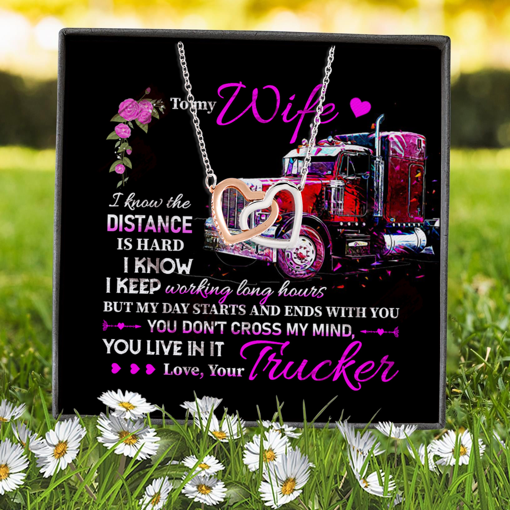 2VT. Trucker To My Wife I Know The Distance Interlocking Hearts Necklace 7
