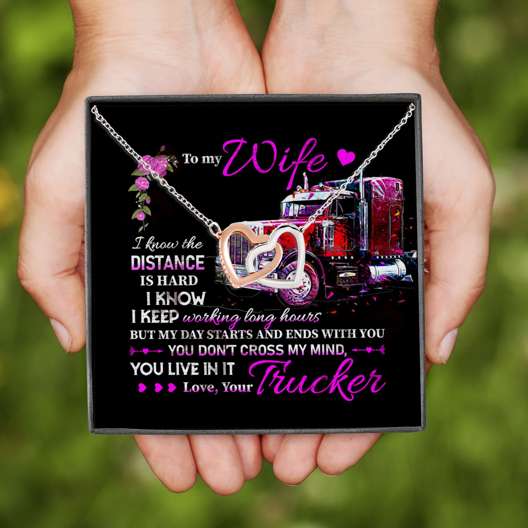 2VT. Trucker To My Wife I Know The Distance Interlocking Hearts Necklace