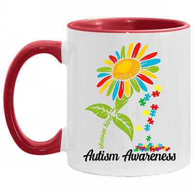 Choose Kind Autism Sunflower Autism Awareness Day 2021 Ceramic Accent Mug - Colored Coffee Mug, White/Red, 11 oz. Accent Mug