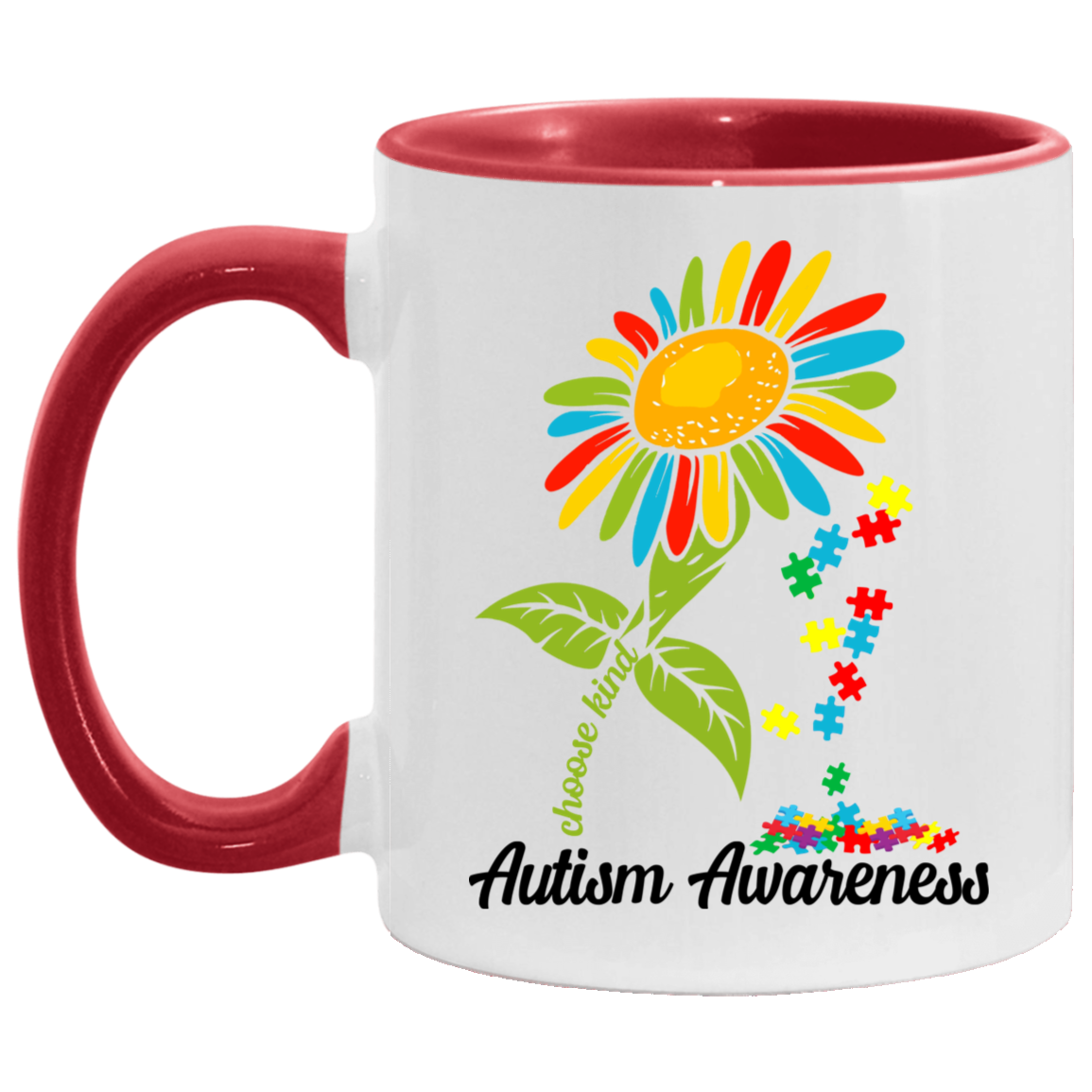 Choose Kind Autism Sunflower Autism Awareness Day 2021 Ceramic Accent Mug - Colored Coffee Mug, White/Red, 11 oz. Accent Mug