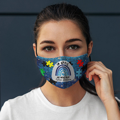 Alternative view of In April We Wear Blue Puzzle Autism Awareness Washable Reusable Custom Printed Cloth Face Mask Cover
