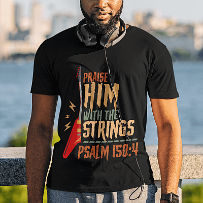 Alternative view of Electric Praise Him With The Strings Psalm 150 4 T-shirt - Christian Electronic Guitar Shirt