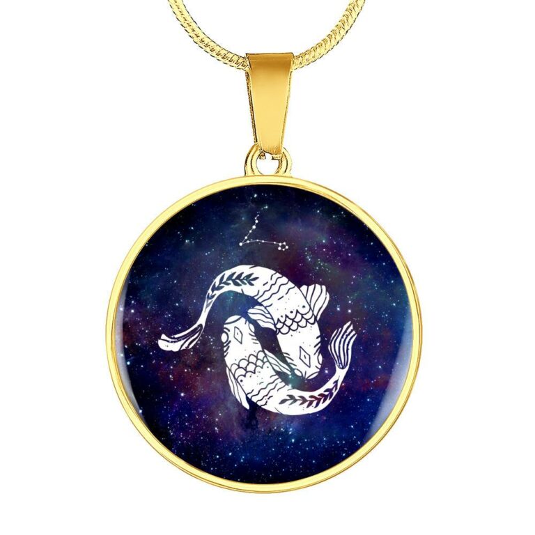 Pisces Zodiac Symbol Circle Pendant Necklace - 12 Zodiac Horoscope Jewelry - Circle Luxury Necklace (Gold Plated)