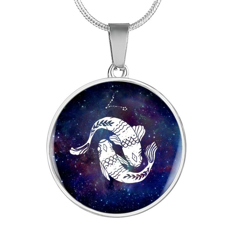 Pisces Zodiac Symbol Circle Pendant Necklace - 12 Zodiac Horoscope Jewelry - Circle Luxury Necklace (Silver)