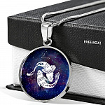 Pisces Zodiac Symbol Circle Pendant Necklace - 12 Zodiac Horoscope Jewelry - Circle Luxury Necklace (Silver)