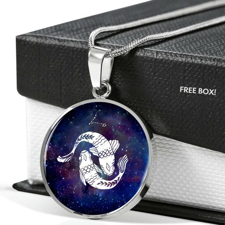 Pisces Zodiac Symbol Circle Pendant Necklace - 12 Zodiac Horoscope Jewelry - Circle Luxury Necklace (Silver)
