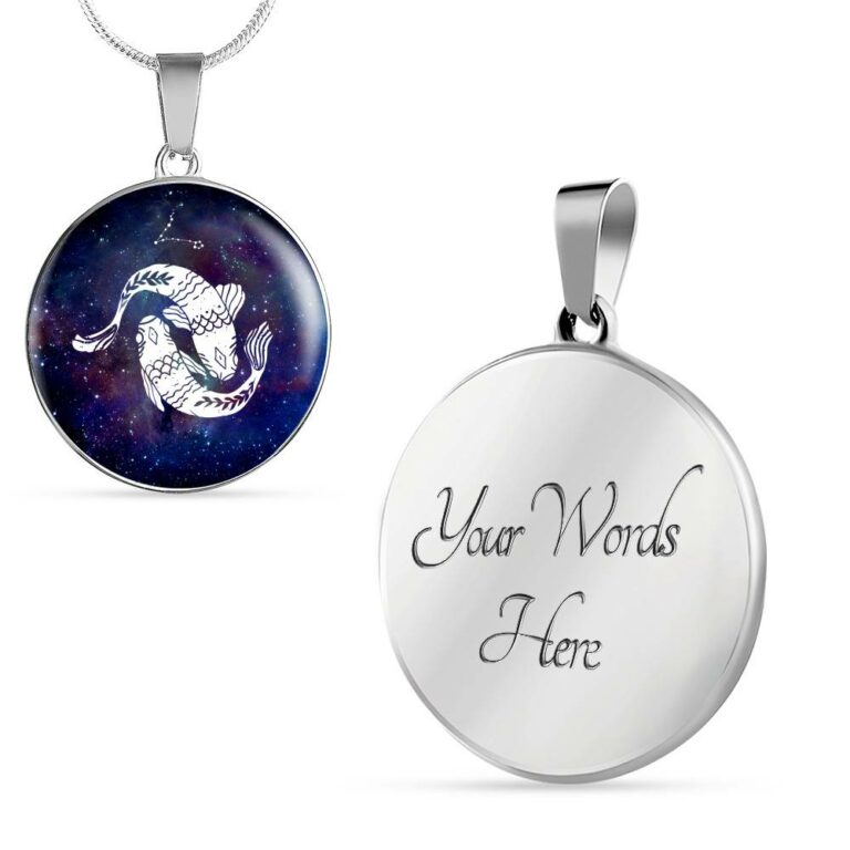 Pisces Zodiac Symbol Circle Pendant Necklace - 12 Zodiac Horoscope Jewelry - Circle Luxury Necklace (Silver)