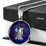 Virgo Zodiac Symbol Circle Pendant Necklace - 12 Zodiac Horoscope Jewelry - Circle Luxury Necklace (Silver)