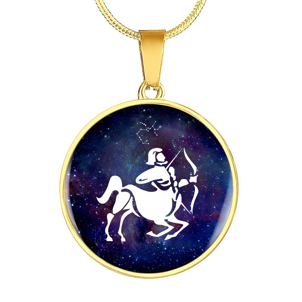 Sagittarius Zodiac Symbol Circle Pendant Necklace - 12 Zodiac Horoscope Jewelry - Circle Luxury Necklace (Gold Plated) Sagittarius Zodiac Symbol Circle Pendant Necklace - 12 Zodiac Horoscope Jewelry - Circle Luxury Necklace (Gold Plated)