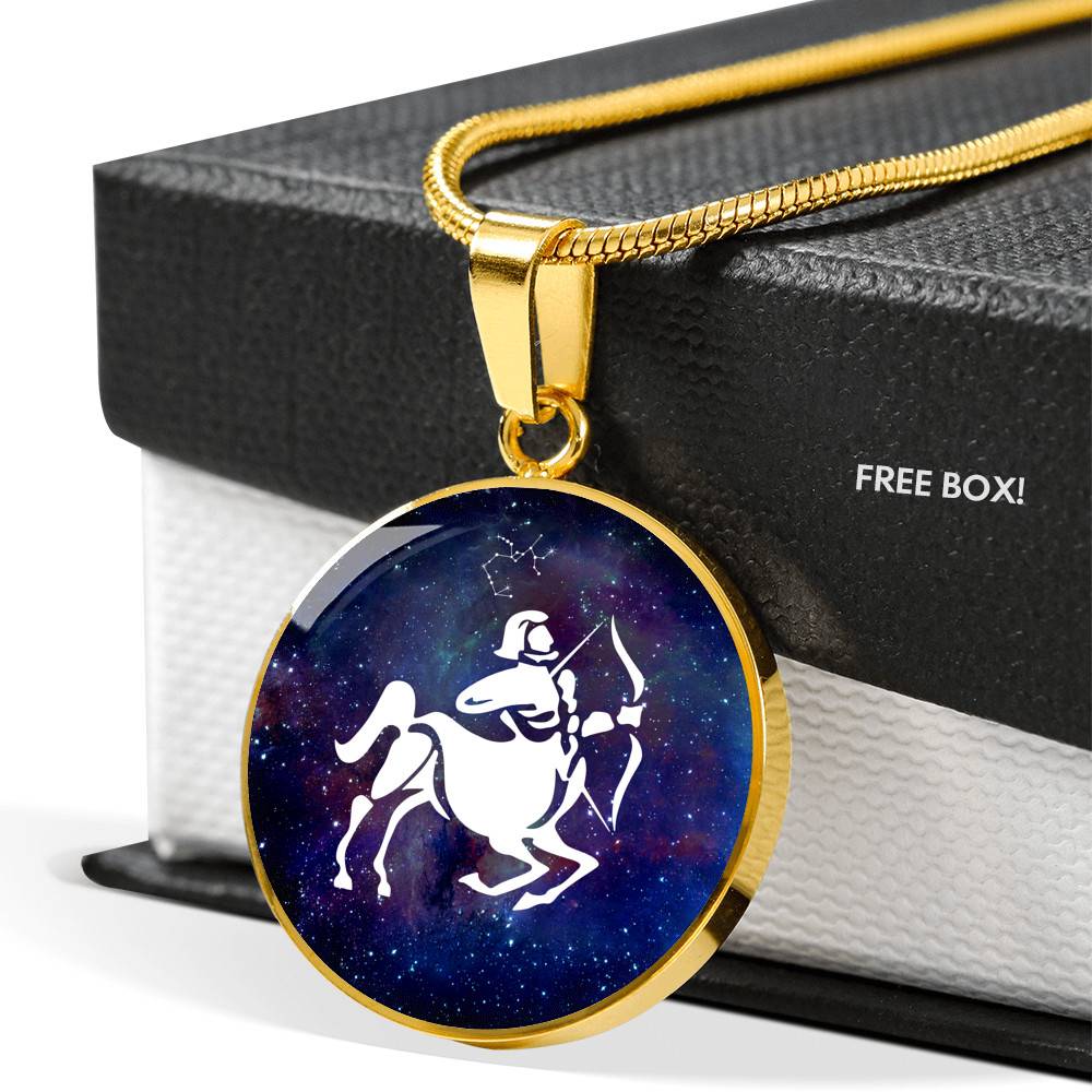 Sagittarius Zodiac Symbol Circle Pendant Necklace - 12 Zodiac Horoscope Jewelry - Circle Luxury Necklace (Gold Plated) Sagittarius Zodiac Symbol Circle Pendant Necklace - 12 Zodiac Horoscope Jewelry - Circle Luxury Necklace (Gold Plated)