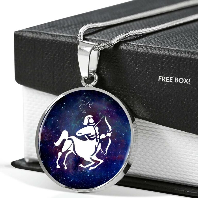 Sagittarius Zodiac Symbol Circle Pendant Necklace - 12 Zodiac Horoscope Jewelry - Circle Luxury Necklace (Silver)