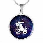 Capricorn Zodiac Symbol Circle Pendant Necklace - 12 Zodiac Horoscope Jewelry - Circle Luxury Necklace (Silver)