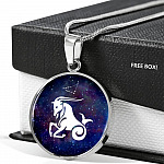 Capricorn Zodiac Symbol Circle Pendant Necklace - 12 Zodiac Horoscope Jewelry - Circle Luxury Necklace (Silver)
