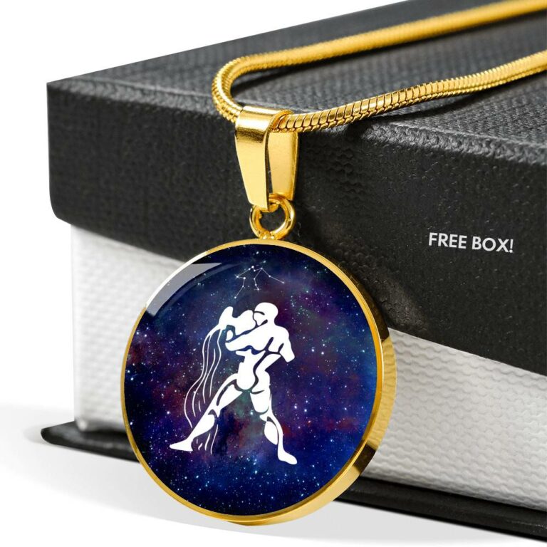 Aquarius Zodiac Symbol Circle Pendant Necklace - 12 Zodiac Horoscope Jewelry - Circle Luxury Necklace (Gold Plated)