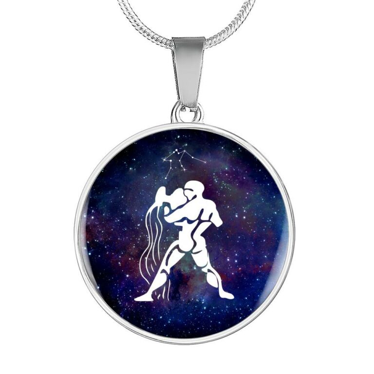 Aquarius Zodiac Symbol Circle Pendant Necklace - 12 Zodiac Horoscope Jewelry - Circle Luxury Necklace (Silver)