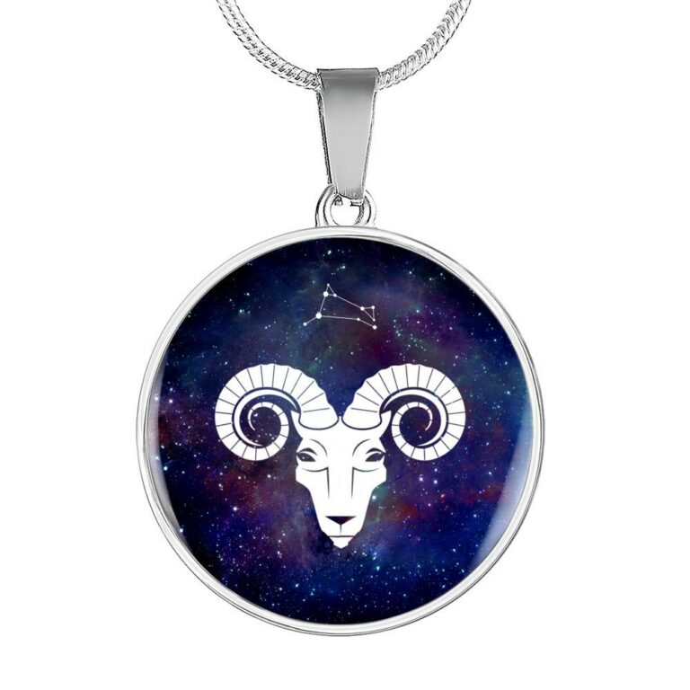 Aries Zodiac Symbol Circle Pendant Necklace - 12 Zodiac Horoscope Jewelry - Circle Luxury Necklace (Silver)