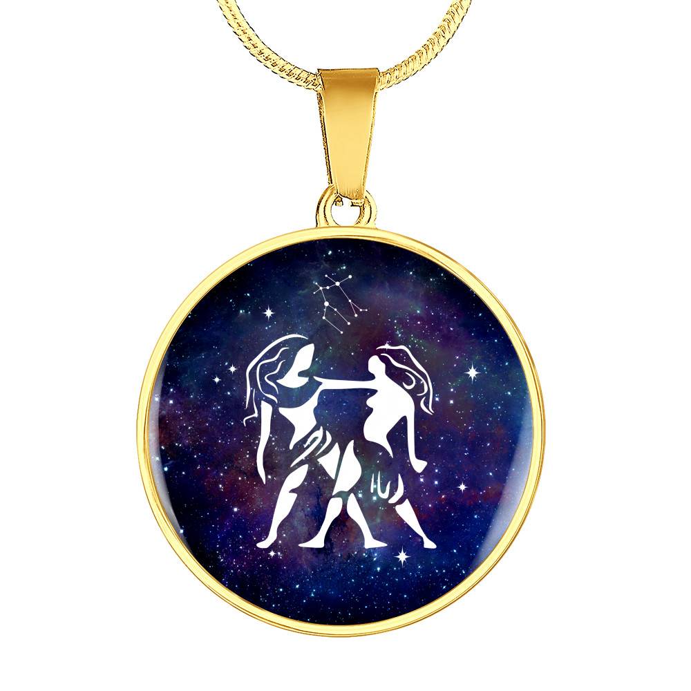 Gemini Zodiac Symbol Circle Pendant Necklace - 12 Zodiac Horoscope Jewelry - Circle Luxury Necklace (Gold Plated)