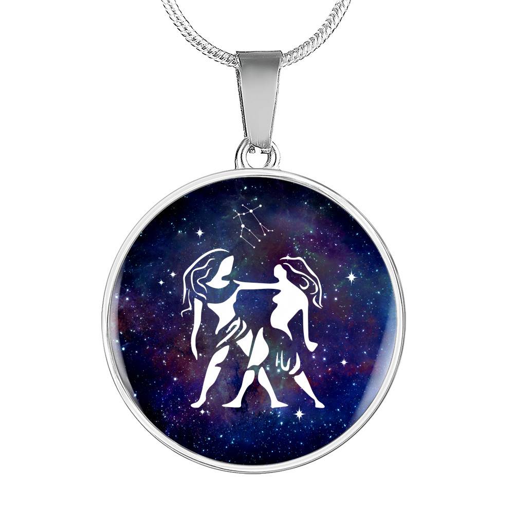 Gemini Zodiac Symbol Circle Pendant Necklace - 12 Zodiac Horoscope Jewelry - Circle Luxury Necklace (Silver)